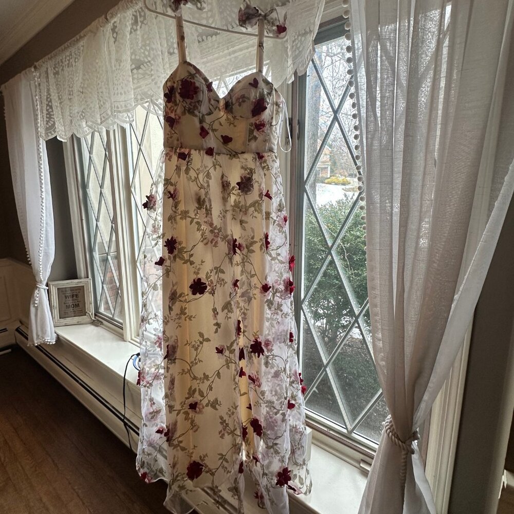 Off-White (with Red and light pink floral accents) sweetheart neck long dress